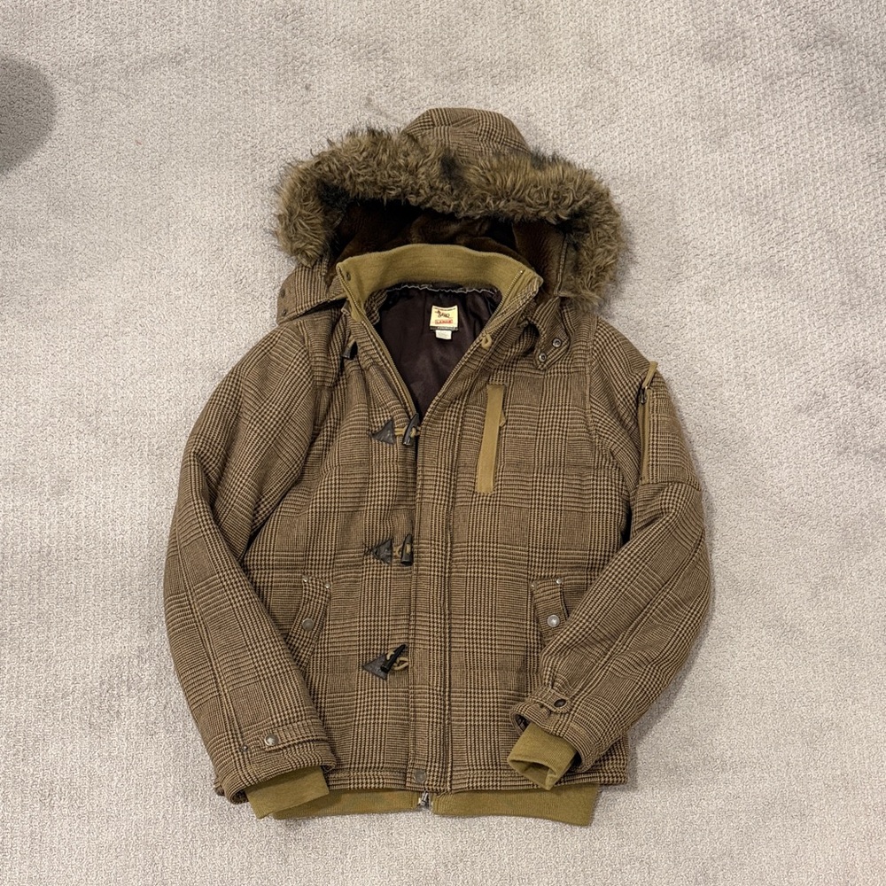 Triple Five Soul Brown Checkered Puffer Jacket with Faux Fur Hood